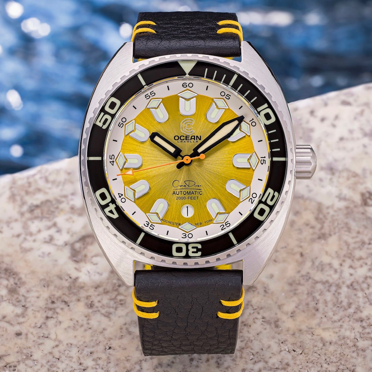 Black Dragoon leather and yellow double stitching Strap - 22mm - Ocean Crawler Watch Co.