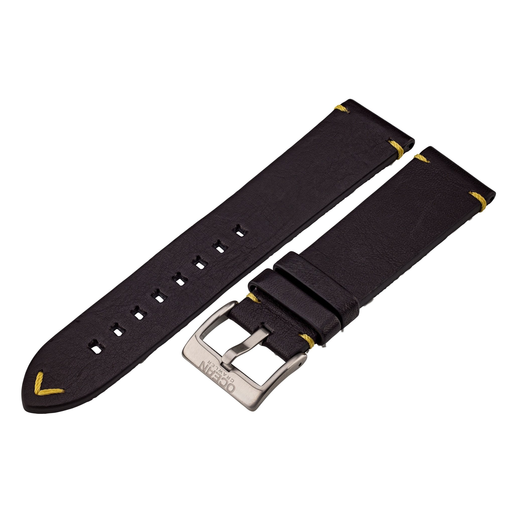 Black Leather And Yellow Stitching Strap - 22mm - Ocean Crawler Watch Co.