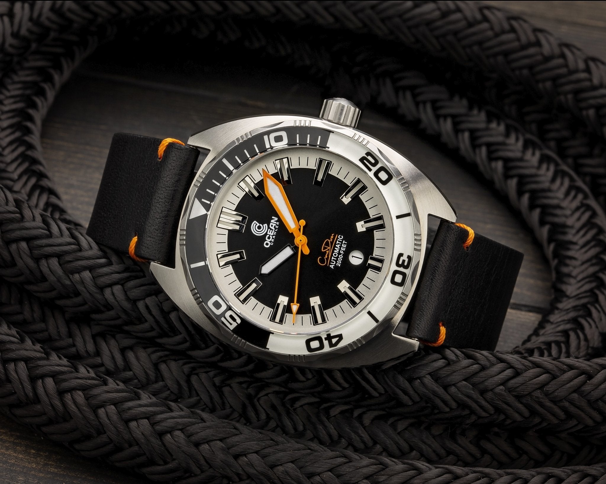 Ocean Crawler Black Leather Strap - Orange Stitching - 22mm - Ocean Crawler Watch Co.