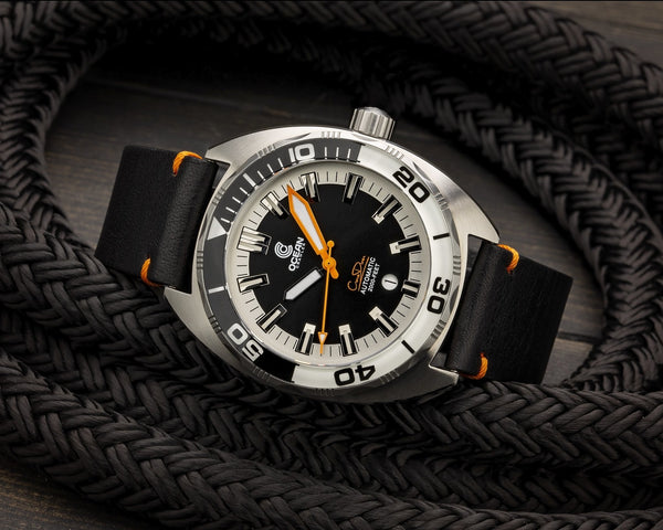 Ocean Crawler Black Leather Strap - Orange Stitching - 22mm