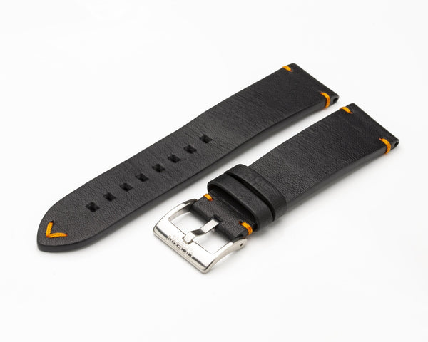 Ocean Crawler Black Leather Strap - Orange Stitching - 22mm