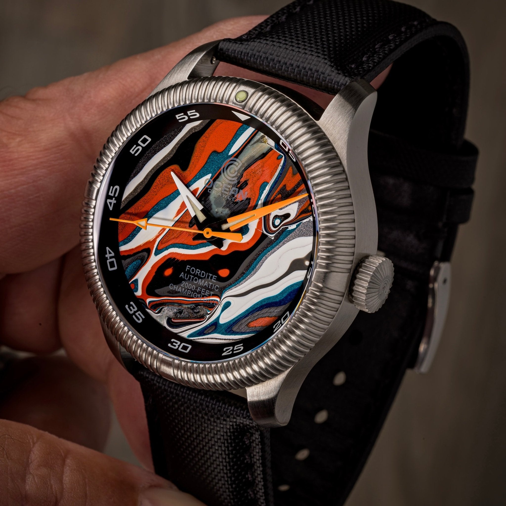 Champion Diver - Fordite - Unique Piece - Lacquered Thunder - Ocean Crawler Watch Co.