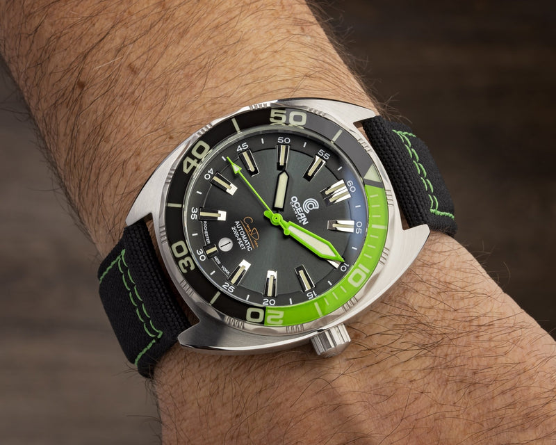 Black Canvas With Green Stitching Strap - 22mm - Ocean Crawler Watch Co.