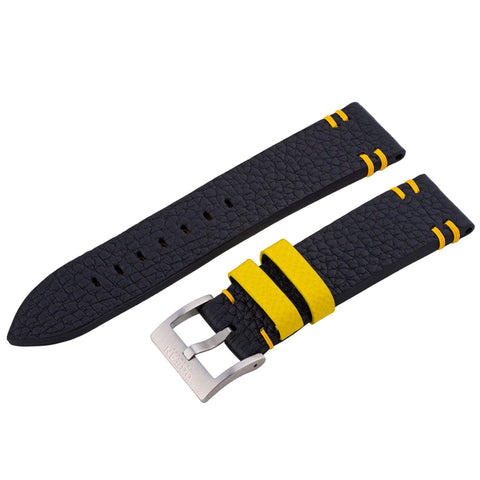 Black Dragoon leather and yellow double stitching Strap - 22mm - Ocean Crawler Watch Co.