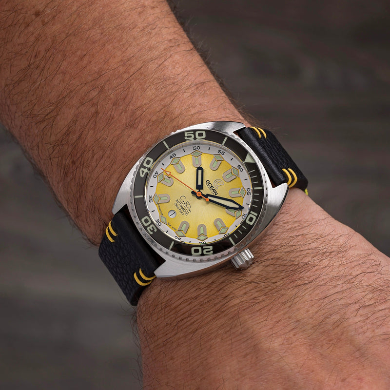 Black Dragoon leather and yellow double stitching Strap - 22mm - Ocean Crawler Watch Co.