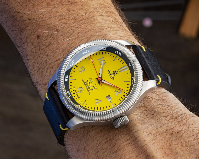 Black Leather And Yellow Stitching Strap - 22mm - Ocean Crawler Watch Co.