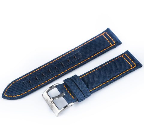Blue Canvas Strap with Orange Stitching - SS Buckle - Ocean Crawler Watch Co.