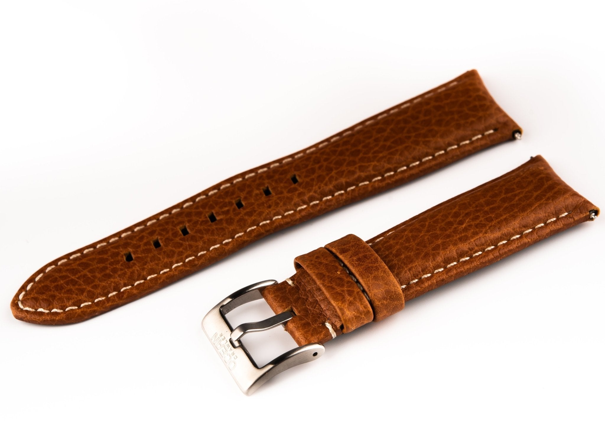 Brown Leather Band With Signed Stainless Steel Buckle - 22mm - For Curved Lugs - Ocean Crawler Watch Co.