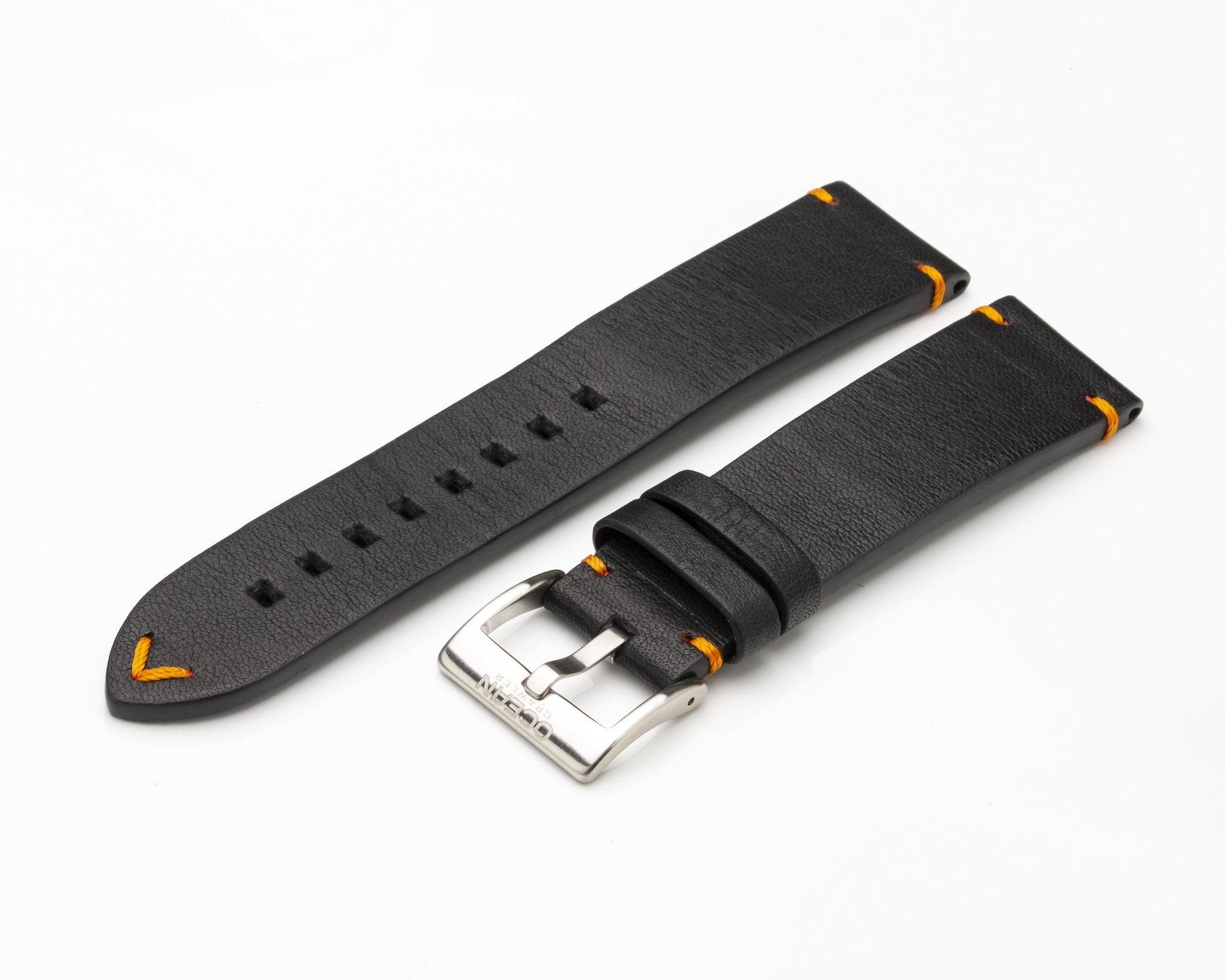 Ocean Crawler Black Leather Strap - Orange Stitching - 22mm - Ocean Crawler Watch Co.