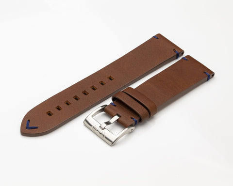Ocean Crawler Brown Leather Strap - Blue Stitching - 22mm - Ocean Crawler Watch Co.