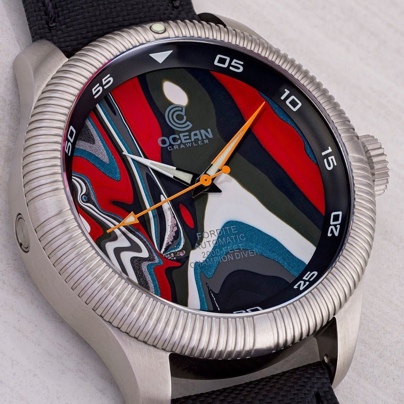 Ocean Crawler Champion Diver - Fordite - Unique Piece - Fiery Red - Ocean Crawler Watch Co.