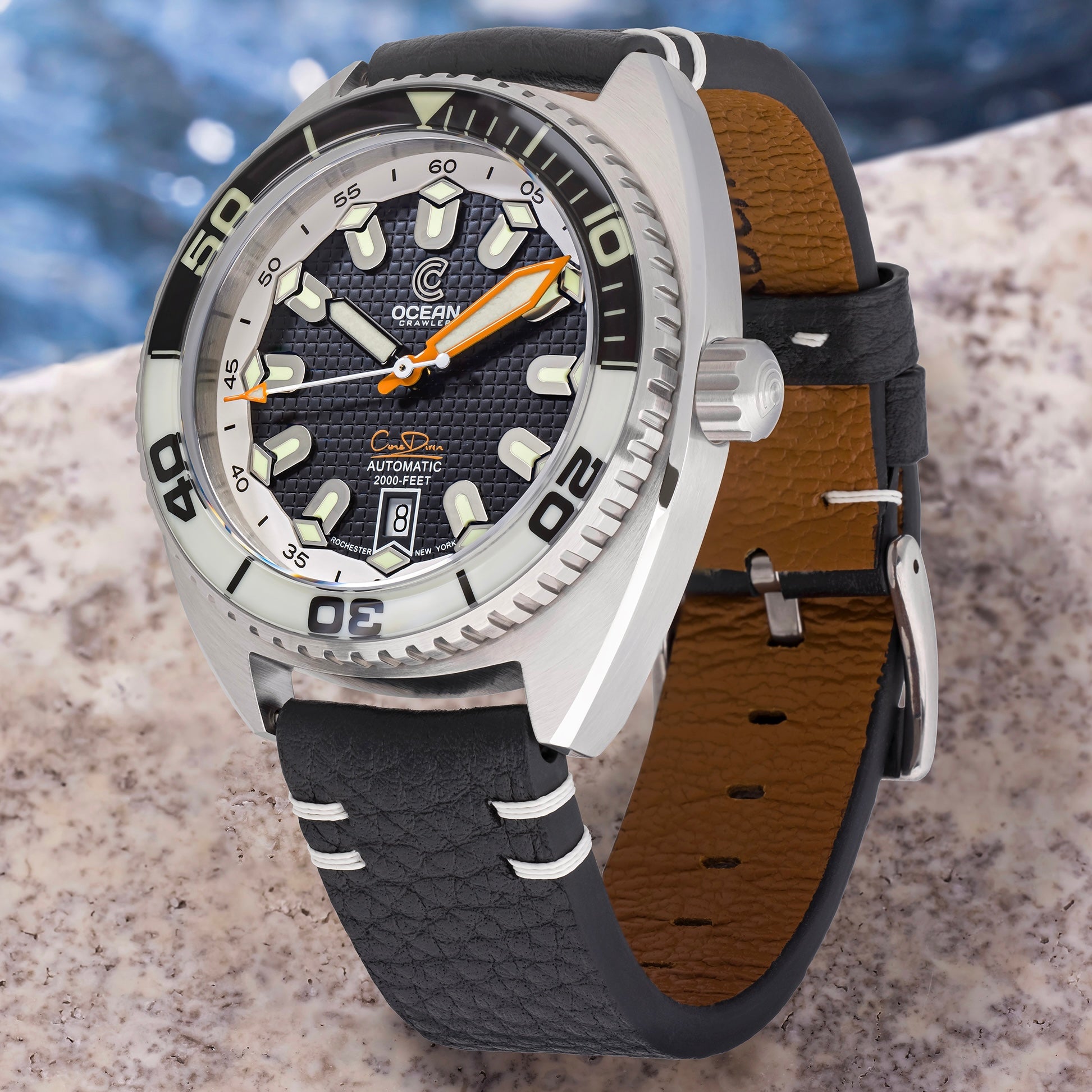 Ocean Crawler Core Diver - Black White - Limited Dragoon Leather - Ocean Crawler Watch Co.