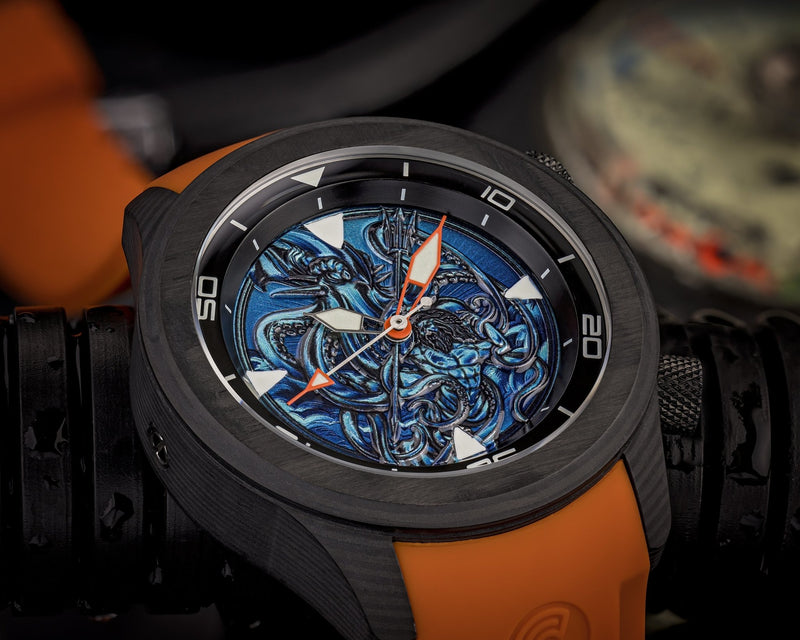 Ocean Crawler Lumed Carbon Fiber Prototype - Kraken Vs Neptune - Ocean Crawler Watch Co.